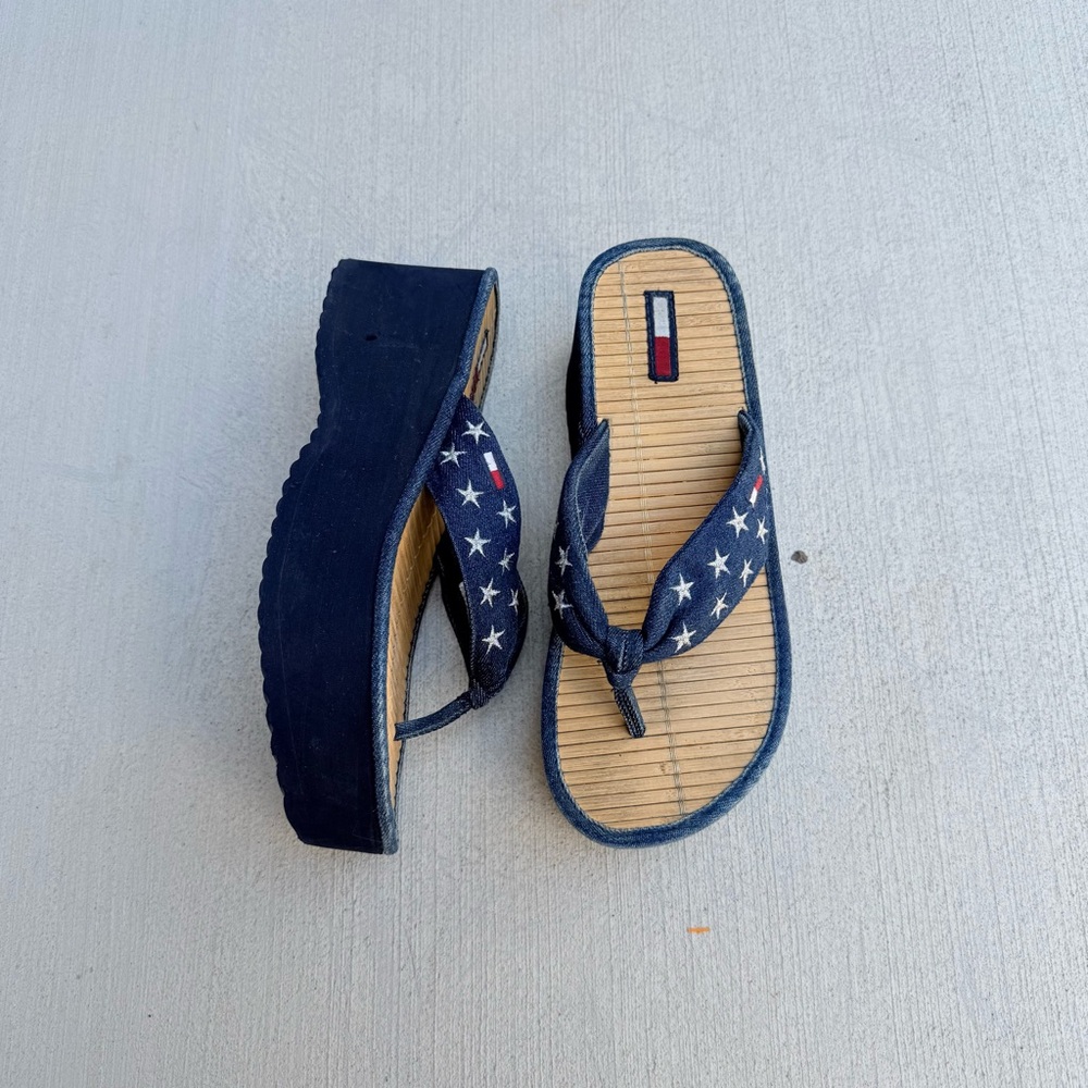 Vintage 90s Tommy Hilfiger Platform Wedge Sandals Stars Denim Bamboo 7 Y2K
